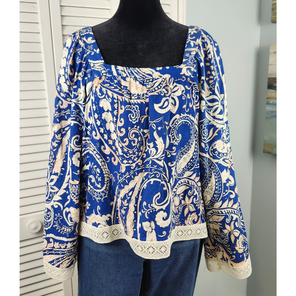 Nicole Miller Linen Top Blue Floral Bell Sleeve Lace Trim Boho Women's Small